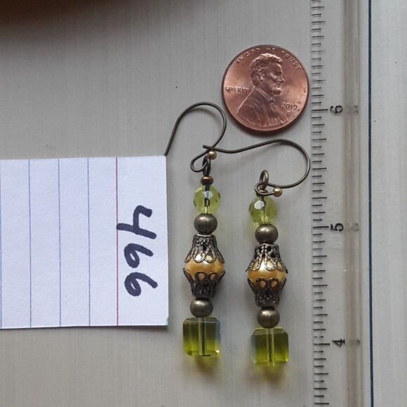 artisan earrings 466#mfs NEW boho green yellow hatpin victorian glass drop earri - Picture 3 of 5
